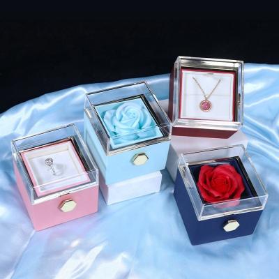 China Valentine's Day Gifts TC Amazon Luxury Acrylic Glass Window Necklace Ring Drawer Box Soap Flower Valentines Mothers Day Gift Rose Rotating Jewelry Box for sale