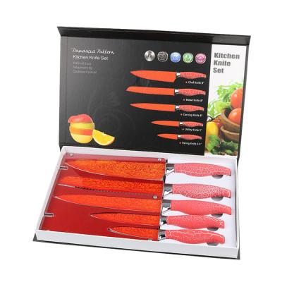 China 5pcs Viable Red Embossed Blade Pattern Stainless Steel Knife Set PP Handle Colorful Kitchen Knife Set for sale