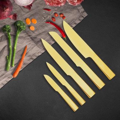 China Viable 6pcs stainless steel handle hollow knife set with glod titanium finished in magnetic knife block for sale