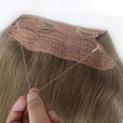 China Wholesale Custom Silky Straight Super Double Wave Indian Remy Fishing Line Halo Hair Pulled Extension With Replaced Wire for sale