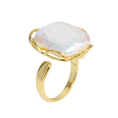 China High Quality Fashionable Elegant Rectangle Baroque Pearl Gold Plated Brass Open Ring Jewelry For Girls Gift Klein for sale