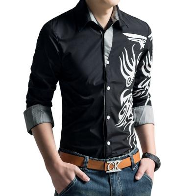 China Korean Men's Long Sleeve Fashion Dragon Print Over Size Ripped Shirt Non Iron for sale