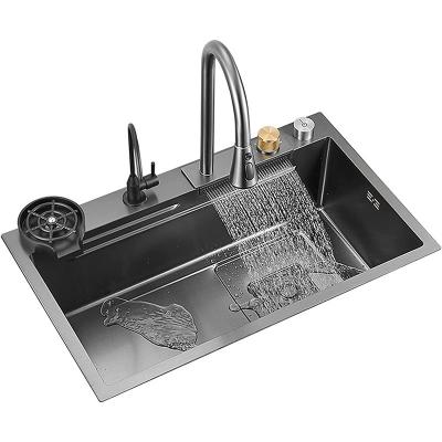 China Stainless Steel Kitchen Sink Flight Rain Waterfall Integrated Stainless Steel Pull Out Faucet Sink Set Under Basin Single Bowl Large for sale