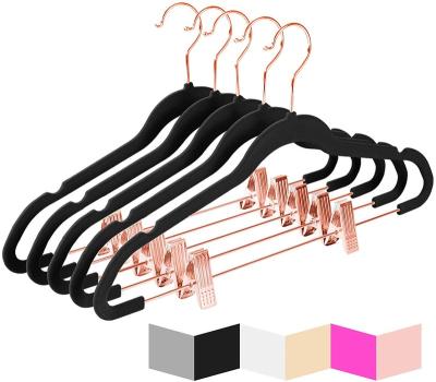 China Contemporary Pack of 20 Black Rose Gold Copper Bar and Clips Premium Slim Fashion Non-Slip Space Saving Velvet Pants Hangers for sale