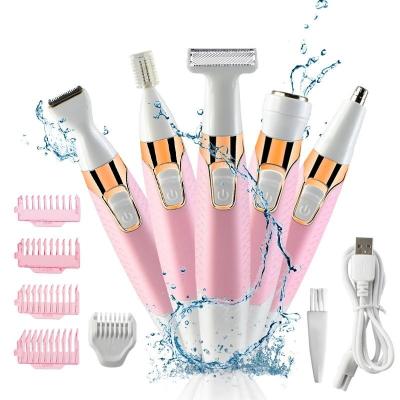 China Wholesale Multifunctional Waterproof Car Electric Shaver USB Rechargeable Pink Hair Removal 5 in 1 for Legs Eyebrow Nose Face for sale