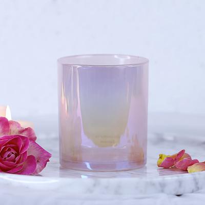 China Custom Logo Heat Resistant Empty Glass Home Decor Jar Iridescent Pink Candle Jar For Sale for sale