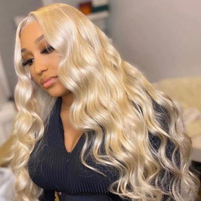 China Baby Hair Around and Pre-Plucked Blonde Lace Front Human Hair Wig #613 Color Virgin Brazilian Hair Glueless Wavy Full Lace Front Wig For Women for sale