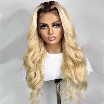 China Baby Hair Around And Pre-Plucked Wholesale Peruvian Hair Cuticle Aligned Hair Lace Front Wig Ombre Two Tone Blonde Hd Lace Headband Wig Wavy 1bt613 Full for sale