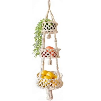 China BODI 3 tier modern macrame fruit basket hanging hammock for kitchen handmade fruit rack boho wall basket for sale