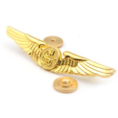 China Europe Logo Custom Design Metal Enamel High Quality Pins Engraved Gold Plating Airline Wings Pin Badge For Clothing for sale