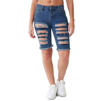 China Mid Waist Washed And Fringed Five Point Skinny Women'S Street Fashion Style Shorts Breathable Dark Blue Jeans For Women Jeans for sale