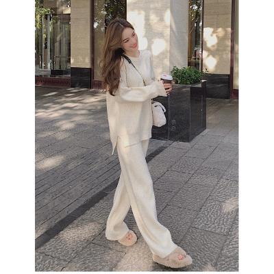 China Sustainable Pullover Sweater Knit Tracksuit Women High Waist Knit Pants Suit Straight Spring Clothes Women Two Pieces Winter Sweater Set for sale