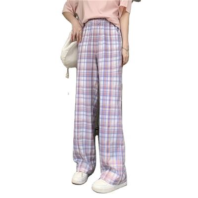 China Anti-Wrinkle Seefoun OEM Purple Plaid Women Pants Loose Straight Wide Leg Wide-Leg Lounge Pants Plaid Cargo Pants for sale