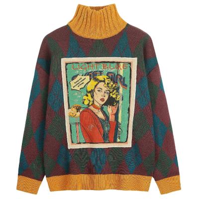 China Anti-wrinkle Seefoun OEM Knitted Women Argyle Sweaters Long Sleeve Harajuku Oversized Tops Cartoon Appliques Turtle Neck Women's Sweaters for sale