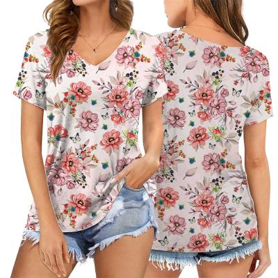 China Women's V-Neck Sleeve T-shirt Women's New Arrival Style Floral Tops Clothes Loose Summer Short Bohemian Regular T-shirt for sale