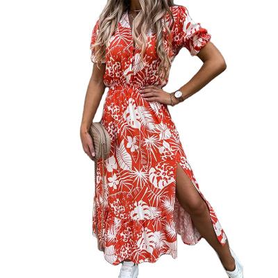 China 2021 Summer Viable Elegant Floral Print Dress Dress Women V Neck Button Split Long Dress Plus Size Party Dress For Women for sale