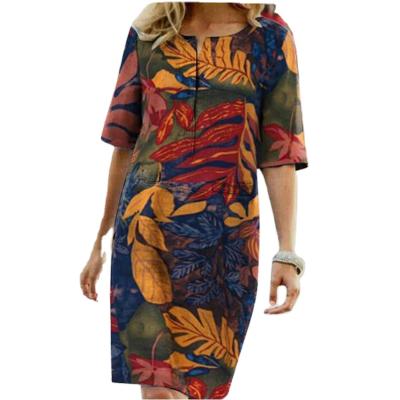 China Autumn Cotton Linen Dress Washable Button Printing Dress Women Knee Length Sheath Long Full Print Women Plus Size Maxi Dresses Summer for sale