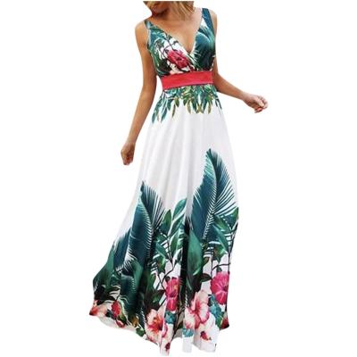 China V Neckline Plus Size Sleeveless Sundress Fashion Gather Waist Print Bohemian Maxi Dress Women Clothing for sale