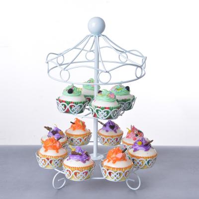 China YZ1822 Reusable Reusable Two Tier Cupcake Carrier Carousel Round Metal Cake Stand Decorating Party for sale