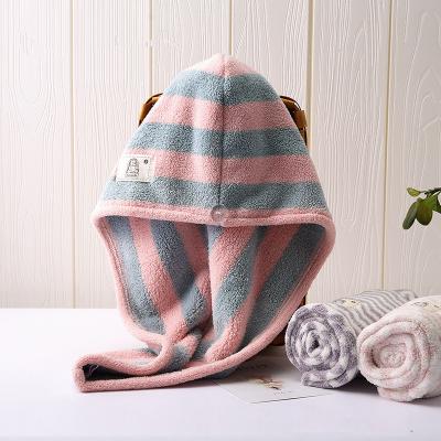 China Factory Wholesale Fashion Microfiber Cute Dry Hair Hat Coral Fleece Striped Absorbent Drying Hypoallergenic Hair Towel for sale