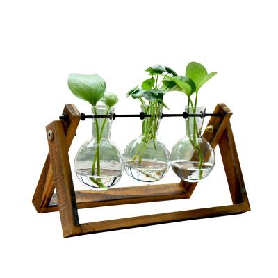 China Europe factory price wholesale flower glass vase with wooden stand decoration for office or bedroom 2021 for sale