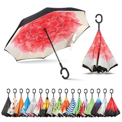 China Modern Double Layer Umbrella Ok Umbrella Reverse C-Handle Reverse Layer Double Upside Down Colors for sale