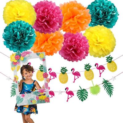 China Hawaiian Luau Summer Selfie View Photo Booth Props Party Decorations Flamingo Leaves Decorations Hawaiian Tropical Pineapple Banner for sale