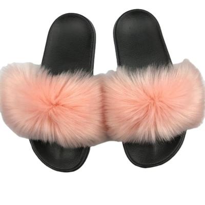 China Girls Wholesale Cheap Imitation Leather Sandals Slippers Fashion Trend Imitation Raccoon Fur Hairy Slides for sale