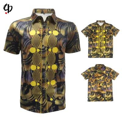 China New high quality polyester geometric single row button men's casual shirt 100% color draw pattern anti-pilling shirt for sale