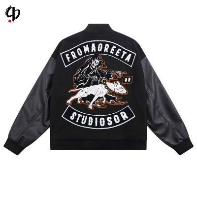 China Men's Plush Embroidered Waterproof Plush Embroidered Skull Coat Men's High Street Baseball Stand Collar Comic Pu Collar Pu Leather Jacket Men's Waterproof Splice Suit for sale