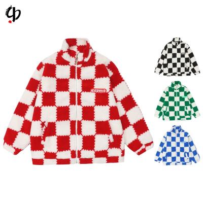 China Custom High Street Hip-Hop Plush Jacket Plaid Plush Collar Zipper Patch Logo Patch Jacket Plush Collar Tops Plaid Waterproof Men's Plush Jacket for sale