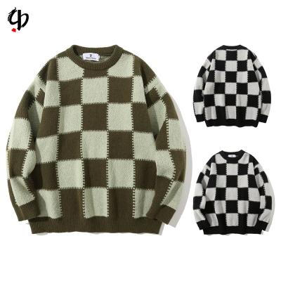 China Anti-pilling Quality Color Blocking Men's Plaid Neck Sweater Shirt High Street Jacquard Knitted Round Plaid Sweater Sweater for sale