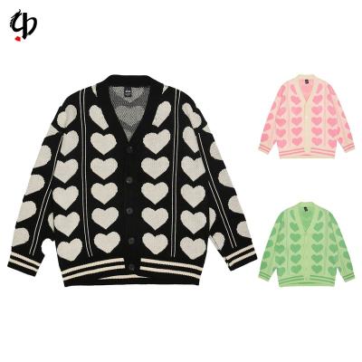 China Anti-pilling spring love jacquard sweater and autumn V-neck retro couple knitted cardigan custom men's loose knitting logo cardigan sweater for sale