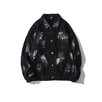 China Custom streetwear 2022 streetwear fashion contrast color turn-down collar breathable unisex European American casual graffiti lover denim jacket for sale