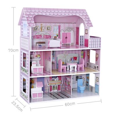 China Doll Rooms Classic 3 Floors Set Girls Role Play Kids Doll House Set Miniature Wooden Toy Doll House for sale