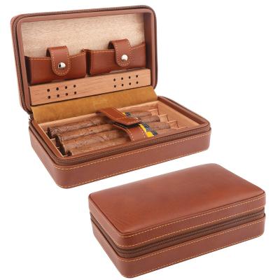 China Portable XiFei Travel Manufacture Cedar Wood Lined 4 Luxury Leather Humidor Cigar Travel Cigar Case Leather Humidor for sale