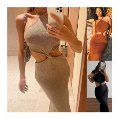 China Anti-wrinkle XM Summer Crochet Knitted Hollow Out Long Maxi Dresses Women Casual Sleeveless Elegant Halter Neck for sale