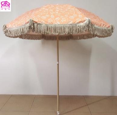 China 2022 China Modern Fantastic Luxury Tassel Beach Umbrella with Fringe, 180/200CM Custom Real Wood Pole Printing Tassels Beach Umbrella for sale