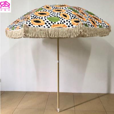 China 180/200CM China Modern Fantastic Luxury Tassel Beach Umbrella with Fringe, Custom Real Wood Pole Printing Tassels Beach Umbrella for sale