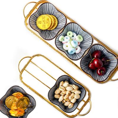 China Sustainable Food Storage 3Pcs Ceramic Bowls Serving Snack Tray Dish Plate Dessert Set with New Metal Handles Design for sale