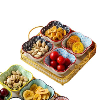 China 2Pcs Metal Stocked Dessert Spices Vinegar Nuts Storage Serving Tray with Snack Sauce Condiment Bowl 2 Divided Dish Ceramic Set for sale