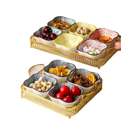 China Stocked 2021 Cheap 2Pcs China Supplier Porcelain Snacks Nuts Candy Bowl Dishes Set With Metal Tray For Daily Use for sale