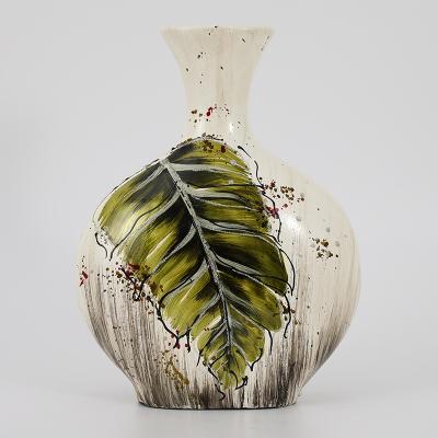 China Europe Home Decor Ceramic Vase With Hand Printing Green Leaf Design for sale