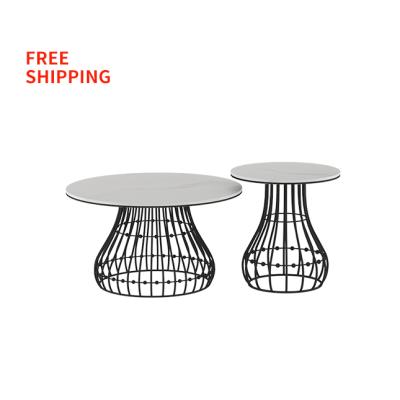 China (Other) Free Shipping Adjustable Living Room Coffee Side Table Set Round 2 Metal Walnut With Metal Frame, Accent Tea Table For Living Room for sale