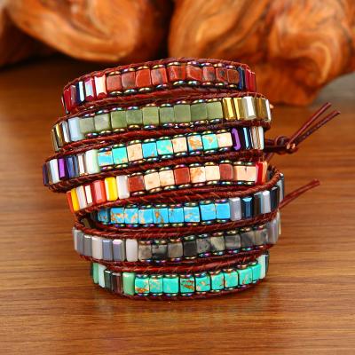 China Ethnic Colorful Handmade Braided Bracelet Square Natural Emperor Stone Energy Yoga Chakra Stone Tube Beads Leather Rope Wrap Bracelet for sale