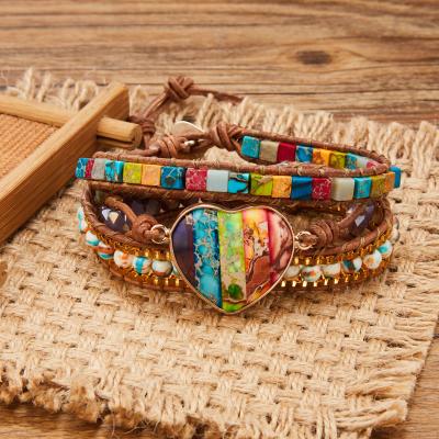 China BOHEMIA Mixed Natural Multicolor Rainbow Stone Heart Shaped Gemstone Beads 7 Chakra 3 Layers Wrap Leather Bracelet for sale