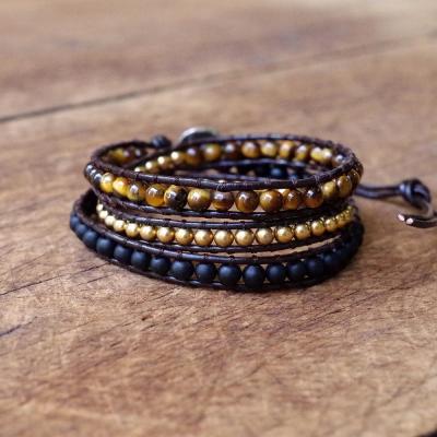 China Handmade Woven Multilayer Natural Stone Agate Tiger Eye Beaded Wrap DIY Bracelet Wax Rope Bracelet for sale