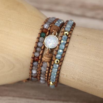 China Natural Stone Bracelet 3 Layers Handmade Woven Natural Gemstone Opal Beaded Leather Rope Bracelet for sale