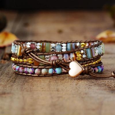 China Custom Adjustable Handmade Colorful Emperor Handcrafted Natural Stone Beaded Heart Rope Wrap Leather Bracelets for sale