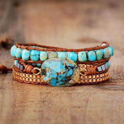 China Ethnic Vintage Handmade Leather Natural Emperor Stone Turquoise Bead 3 Layers Wrap Bracelet for sale